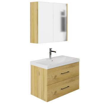 Banyo Dolabı Lavabolu 2’li Set – Elora – 80cm – Meşe