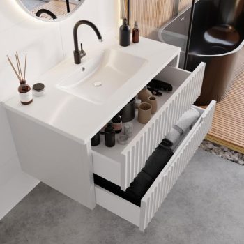 Banyo Dolabı Lavabolu 2’li Set - Lorena - 100cm - Lake - Soft Beyaz